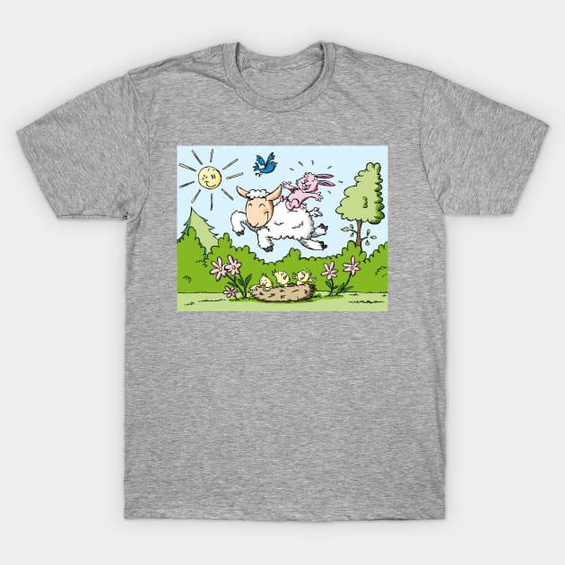 Happy Easter Lamb bunny chicks jumping T-Shirt by Slimgoody's Tees